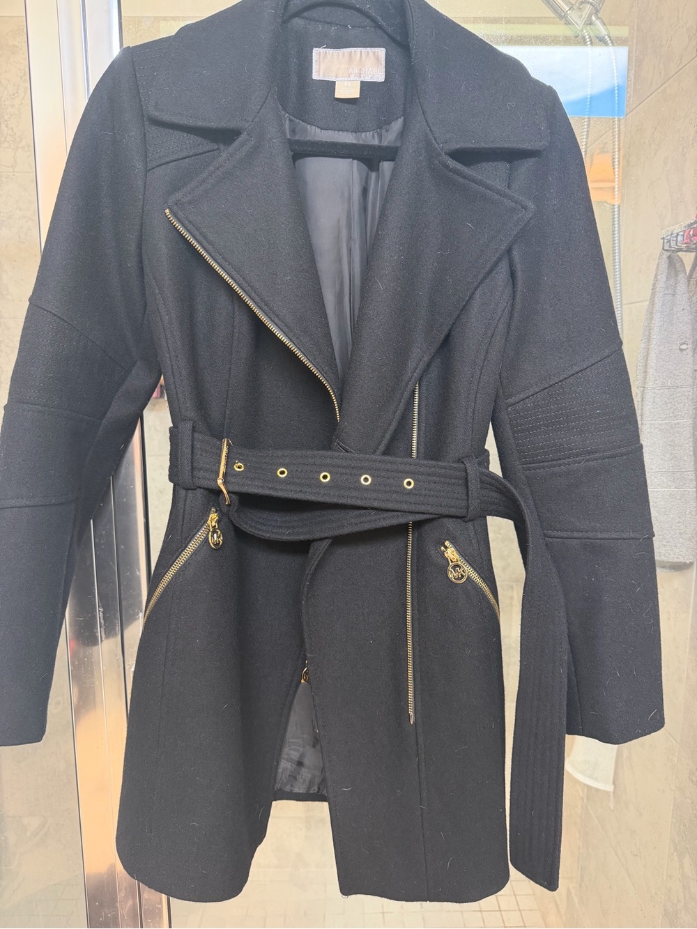 MICHAEL Michael Kors Black Wool-Blend Belted Trench Coat with Gold Zippers